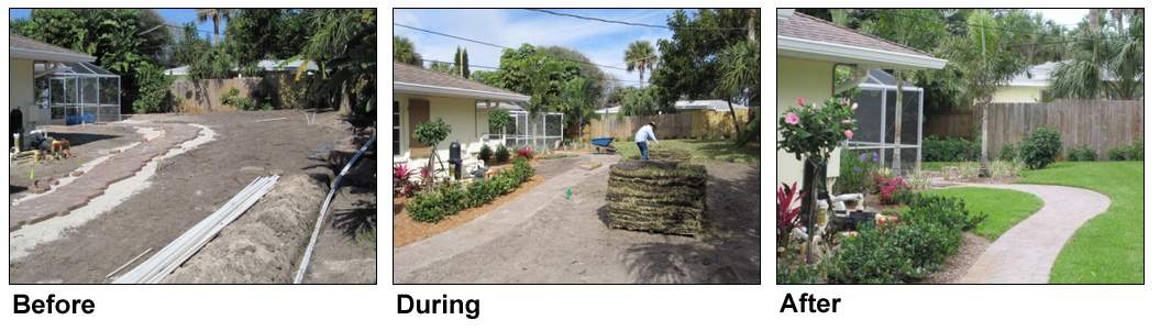 Before and After Pictures. Before: Landscape is barren, during: Sod and bushes planted, After: yard is full of green grass, with bushes, trees, and flowers